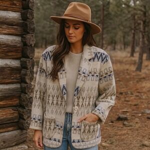 90s French Country Express Southwest Aztec Wool Blend Blanket Coat Jacket USA‎